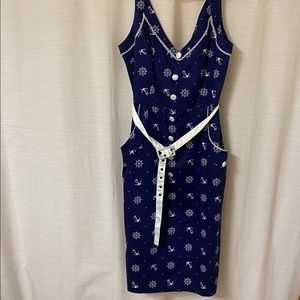Nautical themed dress with pockets and belt. Navy Blue and white.